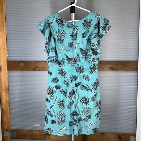 MOLLY BRACKEN Green Leaf Motif Lined‎ Ruffle V Neck Dress Sz L - Picture 2 of 6